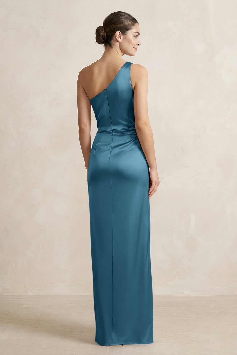 One - Shoulder Ruched Sheath Satin Bridesmaid Dress in Dark Teal - KissProm Bridesmaid Dresses