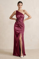 One - Shoulder Ruched Sheath Satin Bridesmaid Dress in Desert Rose - KissProm Bridesmaid Dresses
