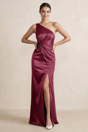 One - Shoulder Ruched Sheath Satin Bridesmaid Dress in Desert Rose - KissProm Bridesmaid Dresses