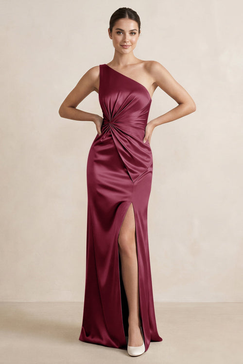 One - Shoulder Ruched Sheath Satin Bridesmaid Dress in Desert Rose - KissProm Bridesmaid Dresses