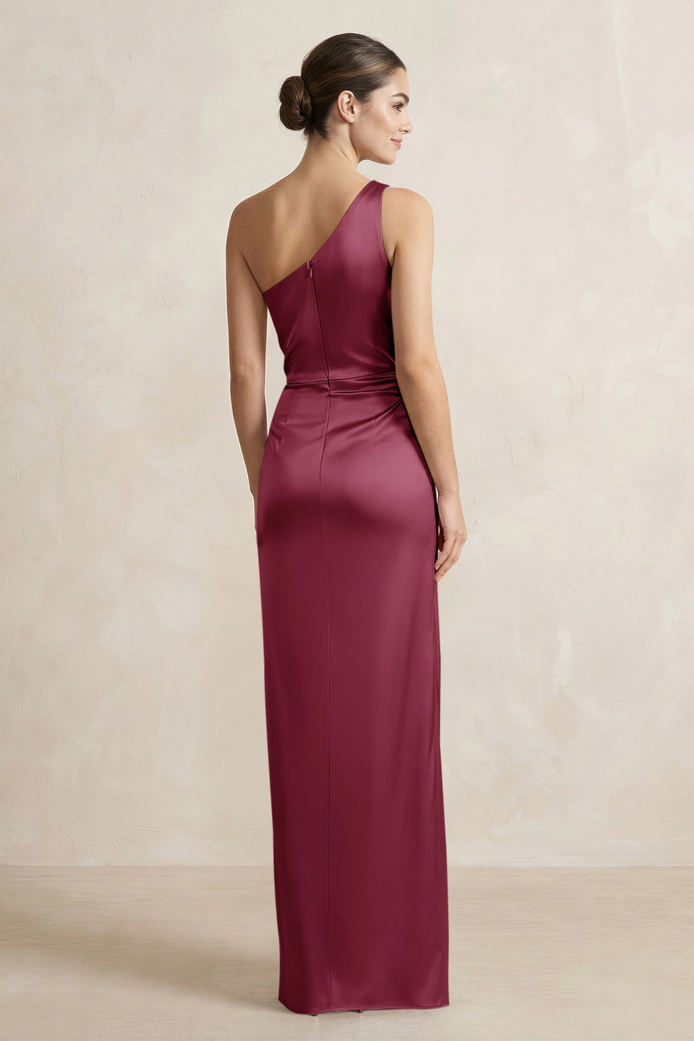 One - Shoulder Ruched Sheath Satin Bridesmaid Dress in Desert Rose - KissProm Bridesmaid Dresses