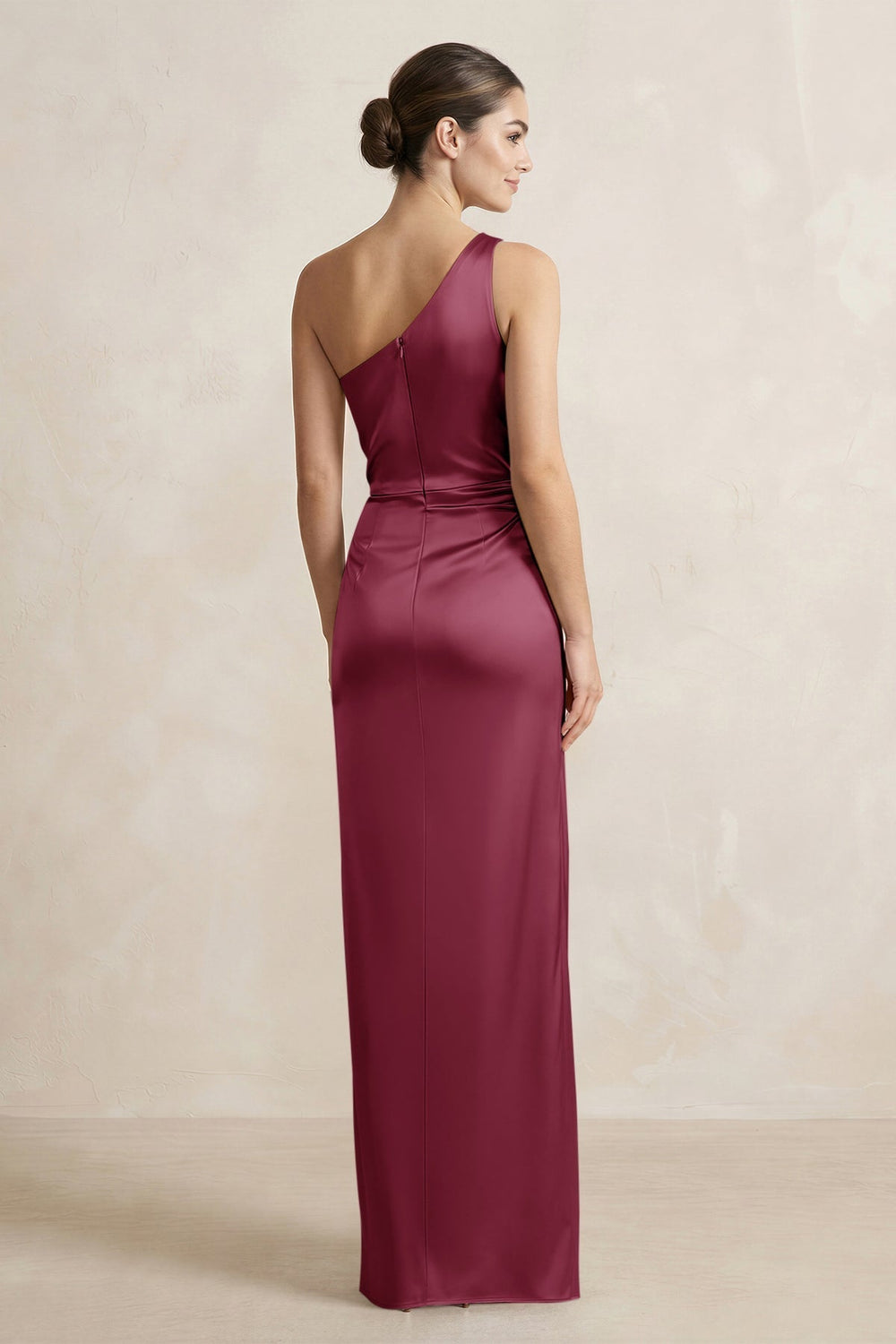 One - Shoulder Ruched Sheath Satin Bridesmaid Dress in Desert Rose - KissProm Bridesmaid Dresses