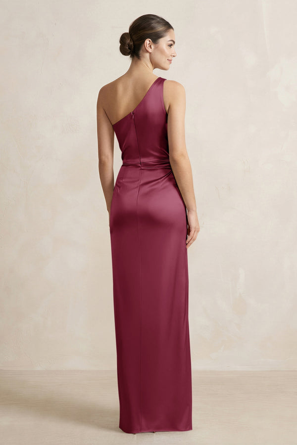 One - Shoulder Ruched Sheath Satin Bridesmaid Dress in Desert Rose - KissProm Bridesmaid Dresses