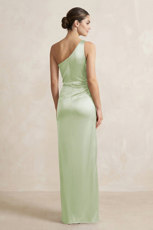 One - Shoulder Ruched Sheath Satin Bridesmaid Dress in Dusty Sage - KissProm Bridesmaid Dresses