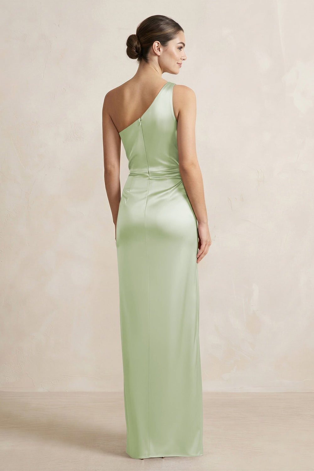One - Shoulder Ruched Sheath Satin Bridesmaid Dress in Dusty Sage - KissProm Bridesmaid Dresses