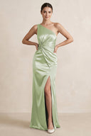 One - Shoulder Ruched Sheath Satin Bridesmaid Dress in Dusty Sage - KissProm Bridesmaid Dresses