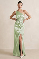 One - Shoulder Ruched Sheath Satin Bridesmaid Dress in Dusty Sage - KissProm Bridesmaid Dresses