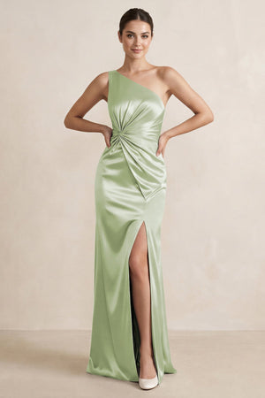 One - Shoulder Ruched Sheath Satin Bridesmaid Dress in Dusty Sage - KissProm Bridesmaid Dresses