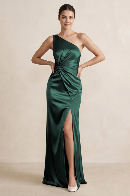 One - Shoulder Ruched Sheath Satin Bridesmaid Dress in Emerald - KissProm Bridesmaid Dresses