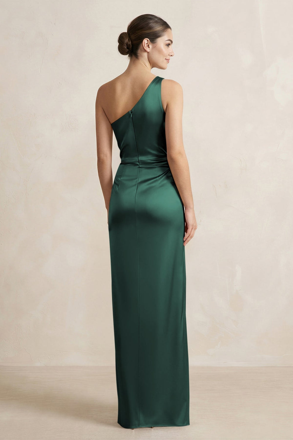 One - Shoulder Ruched Sheath Satin Bridesmaid Dress in Emerald - KissProm Bridesmaid Dresses