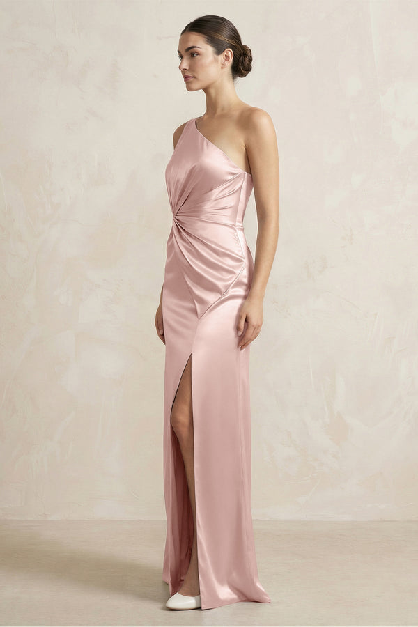 One - Shoulder Ruched Sheath Satin Bridesmaid Dress in English Rose - KissProm Bridesmaid Dresses