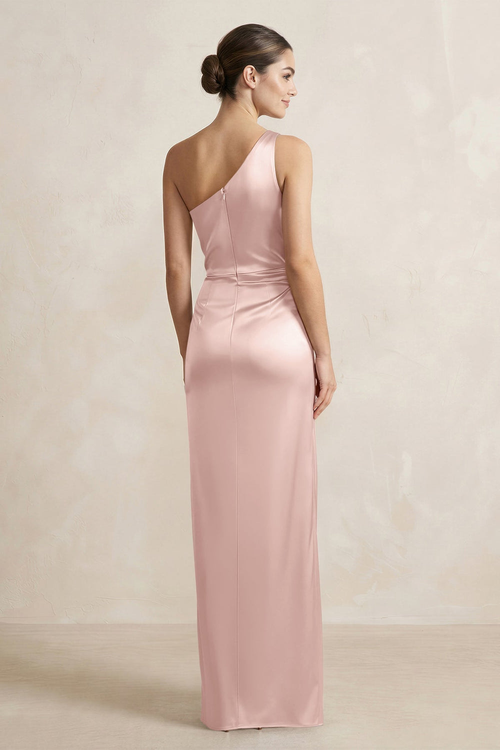 One - Shoulder Ruched Sheath Satin Bridesmaid Dress in English Rose - KissProm Bridesmaid Dresses