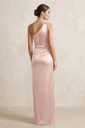 One - Shoulder Ruched Sheath Satin Bridesmaid Dress in English Rose - KissProm Bridesmaid Dresses