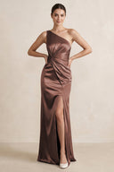 One - Shoulder Ruched Sheath Satin Bridesmaid Dress in Espresso - KissProm Bridesmaid Dresses