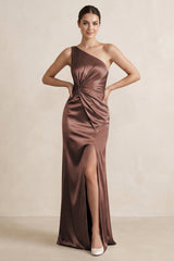 One - Shoulder Ruched Sheath Satin Bridesmaid Dress in Espresso - KissProm Bridesmaid Dresses