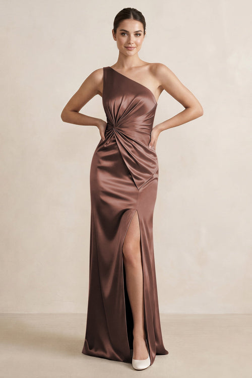 One - Shoulder Ruched Sheath Satin Bridesmaid Dress in Espresso - KissProm Bridesmaid Dresses
