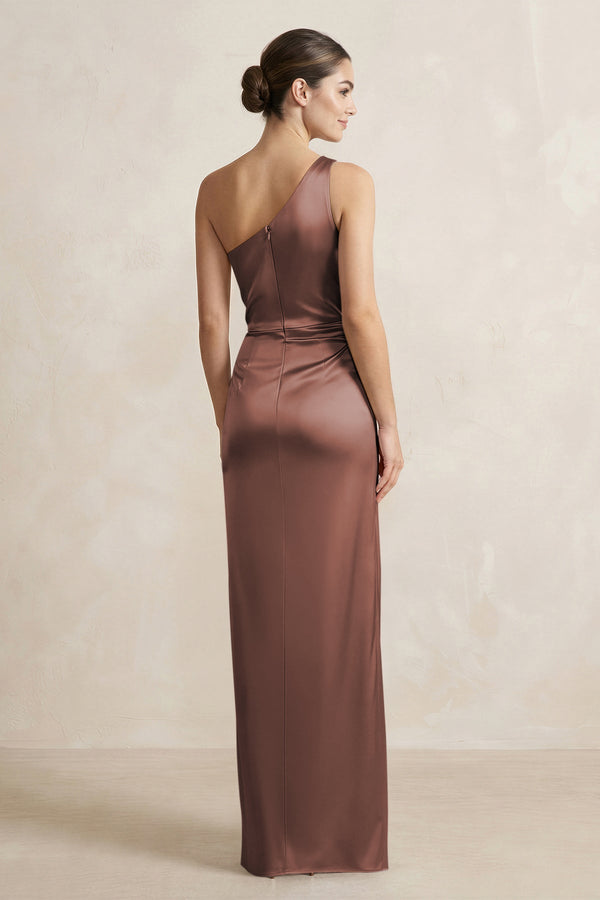 One - Shoulder Ruched Sheath Satin Bridesmaid Dress in Espresso - KissProm Bridesmaid Dresses