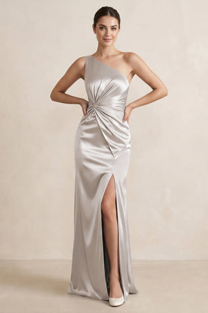 One - Shoulder Ruched Sheath Satin Bridesmaid Dress in Frost - KissProm Bridesmaid Dresses