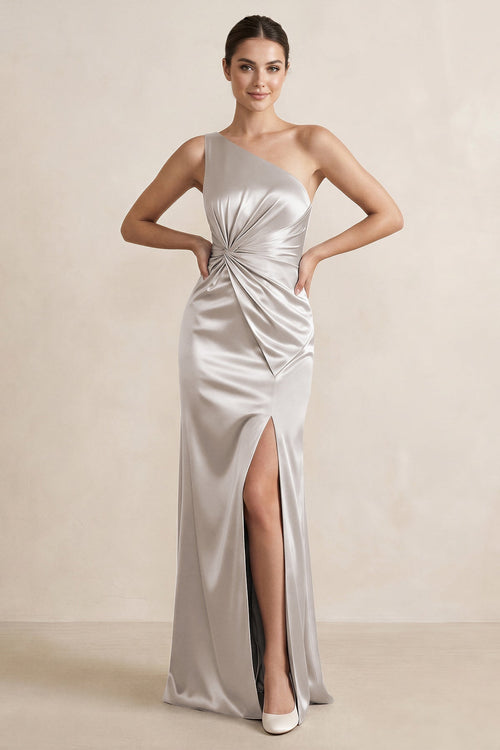 One - Shoulder Ruched Sheath Satin Bridesmaid Dress in Frost - KissProm Bridesmaid Dresses