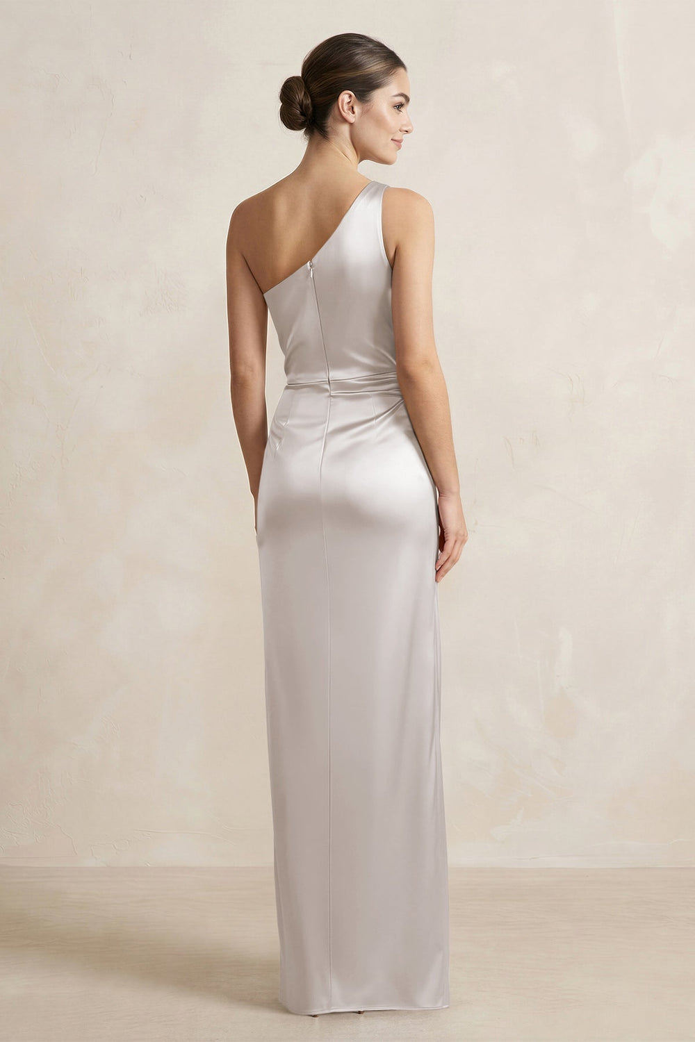 One - Shoulder Ruched Sheath Satin Bridesmaid Dress in Frost - KissProm Bridesmaid Dresses