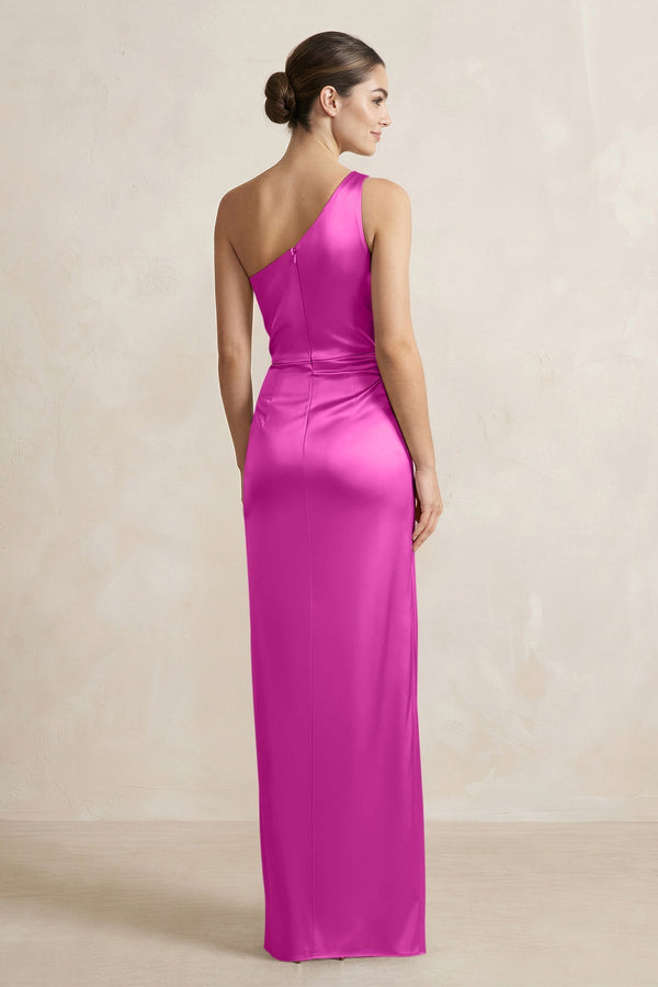 fuchsia dress bridesmaid One-Shoulder Ruched Sheath Satin Bridesmaid Dress in Fuchsia