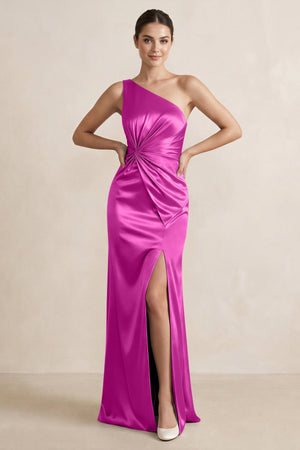 One - Shoulder Ruched Sheath Satin Bridesmaid Dress in Fuchsia - KissProm Bridesmaid Dresses