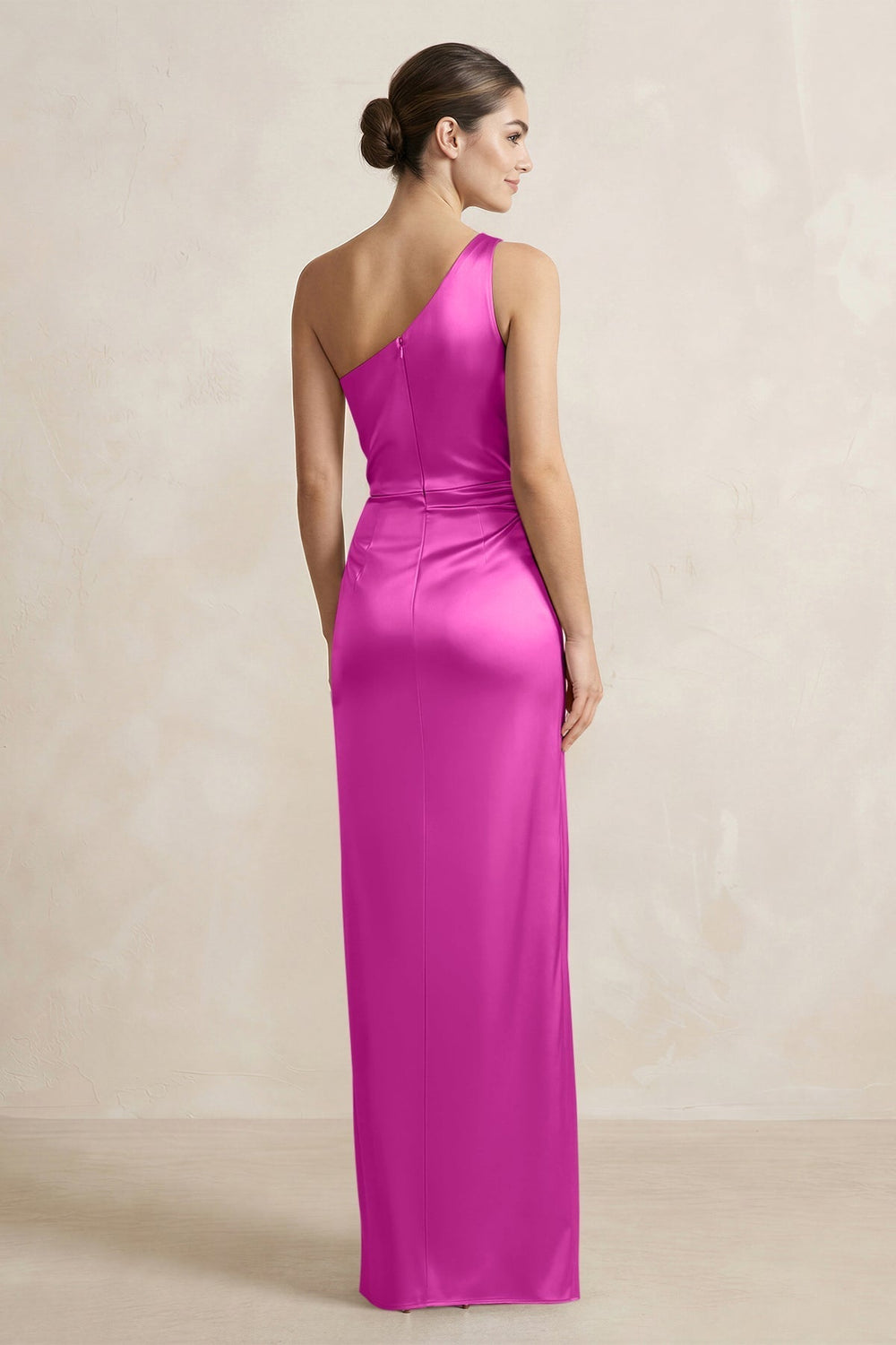 One - Shoulder Ruched Sheath Satin Bridesmaid Dress in Fuchsia - KissProm Bridesmaid Dresses
