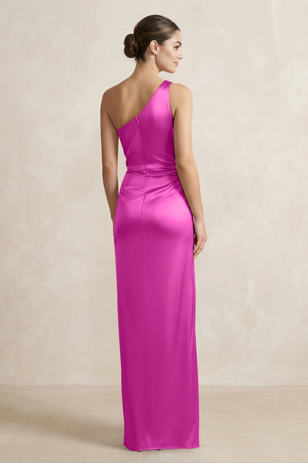 One - Shoulder Ruched Sheath Satin Bridesmaid Dress in Fuchsia - KissProm Bridesmaid Dresses
