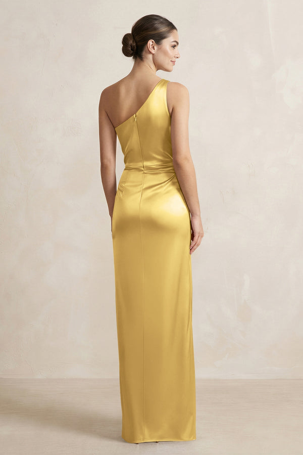 One - Shoulder Ruched Sheath Satin Bridesmaid Dress in Gold - KissProm Bridesmaid Dresses