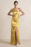 One - Shoulder Ruched Sheath Satin Bridesmaid Dress in Gold - KissProm Bridesmaid Dresses