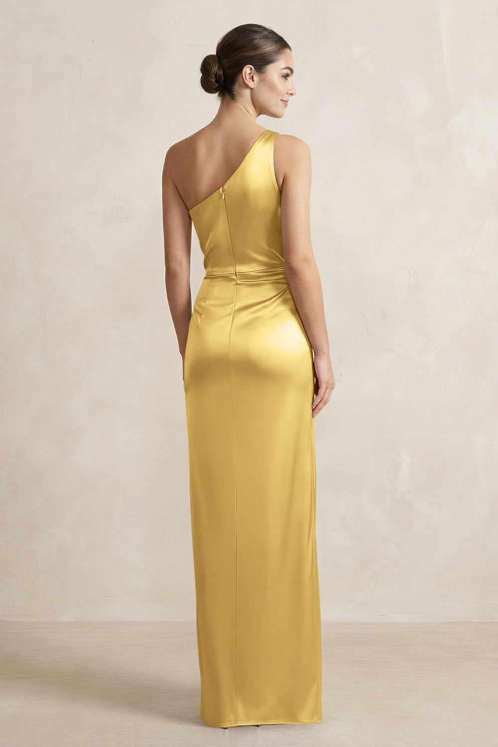 One - Shoulder Ruched Sheath Satin Bridesmaid Dress in Gold - KissProm Bridesmaid Dresses