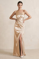 One - Shoulder Ruched Sheath Satin Bridesmaid Dress in Golden Champagne - KissProm Bridesmaid Dresses