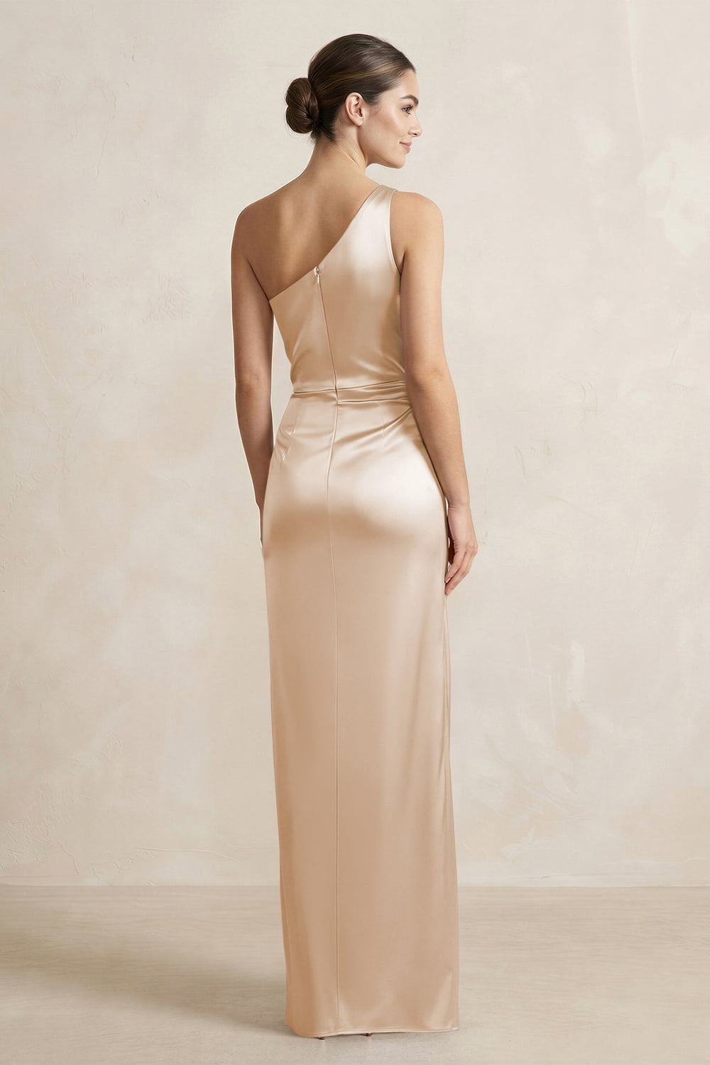 One - Shoulder Ruched Sheath Satin Bridesmaid Dress in Golden Champagne - KissProm Bridesmaid Dresses