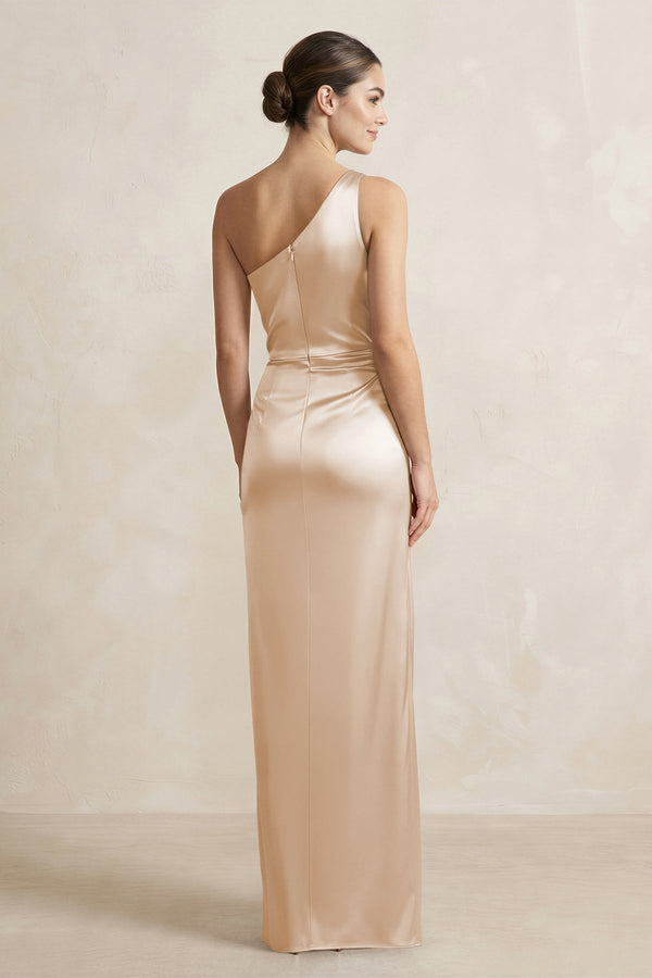 One - Shoulder Ruched Sheath Satin Bridesmaid Dress in Golden Champagne - KissProm Bridesmaid Dresses