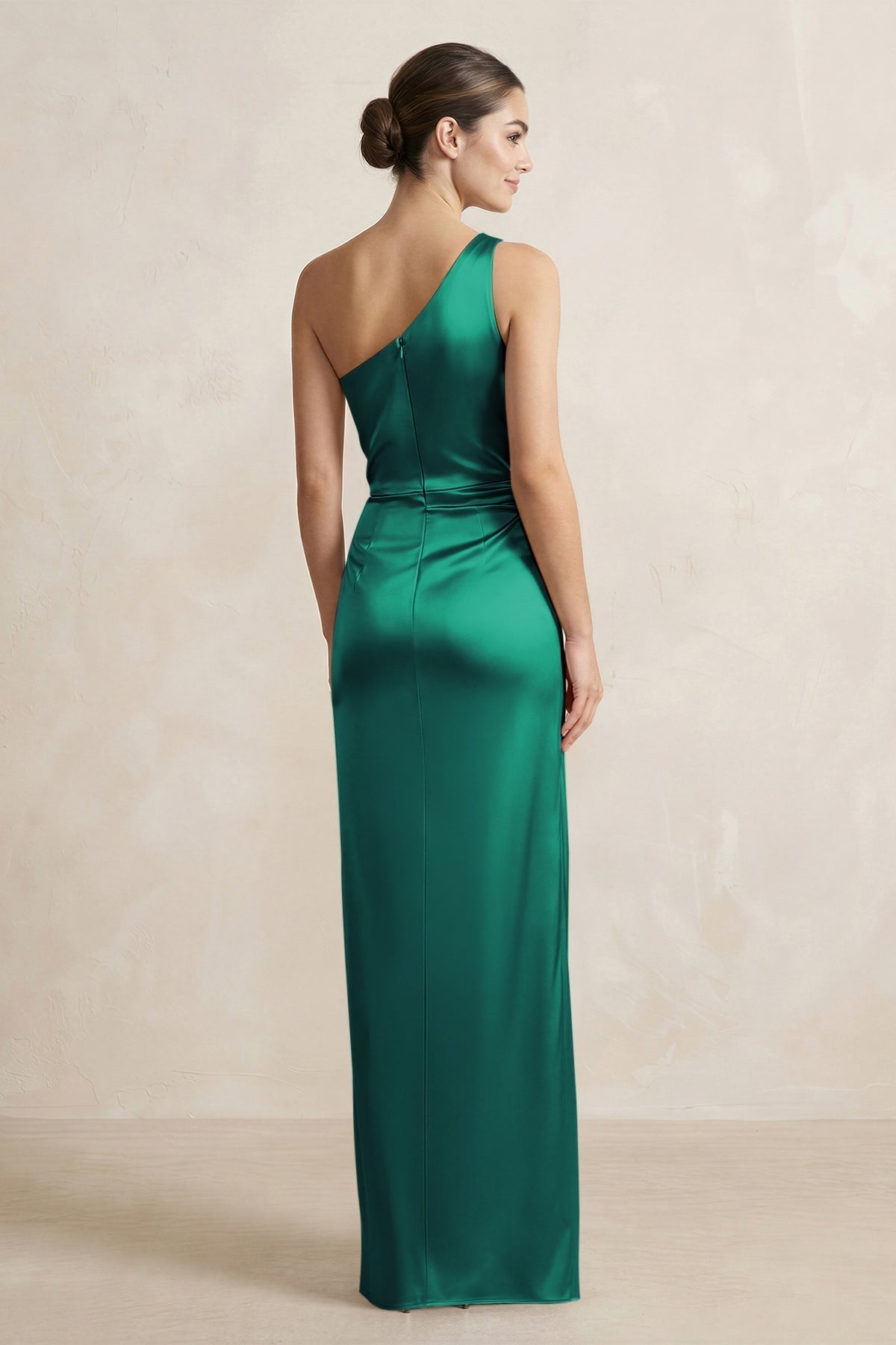 KissProm One-Shoulder Ruched Sheath Satin Bridesmaid Dress in Green, Green / 8