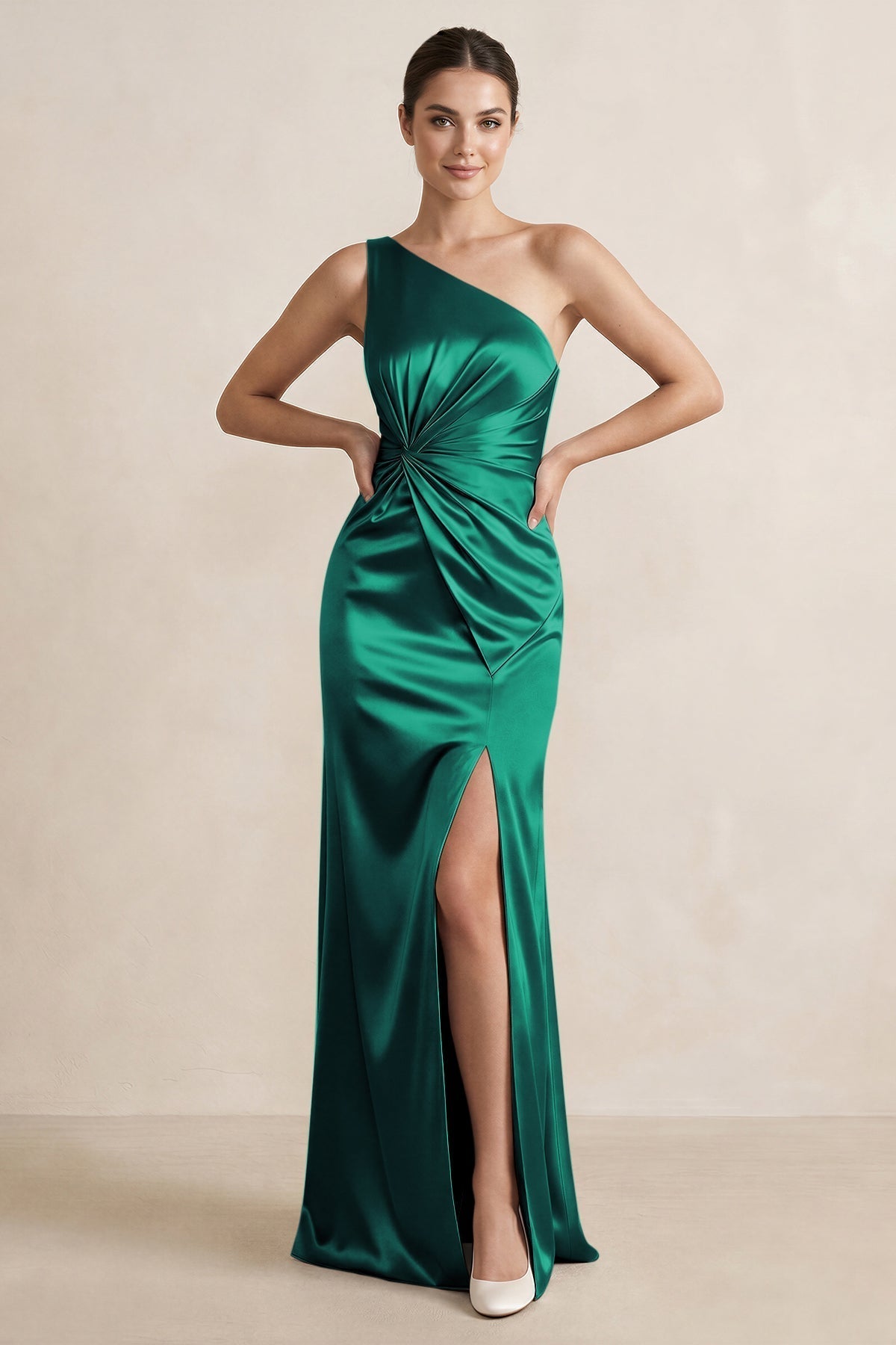 KissProm One-Shoulder Ruched Sheath Satin Bridesmaid Dress in Green, Green / 8