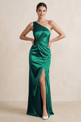 One - Shoulder Ruched Sheath Satin Bridesmaid Dress in Green - KissProm Bridesmaid Dresses