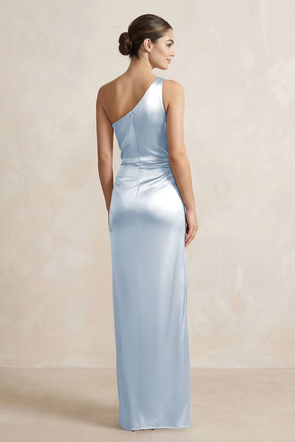 One - Shoulder Ruched Sheath Satin Bridesmaid Dress in Ice - KissProm Bridesmaid Dresses