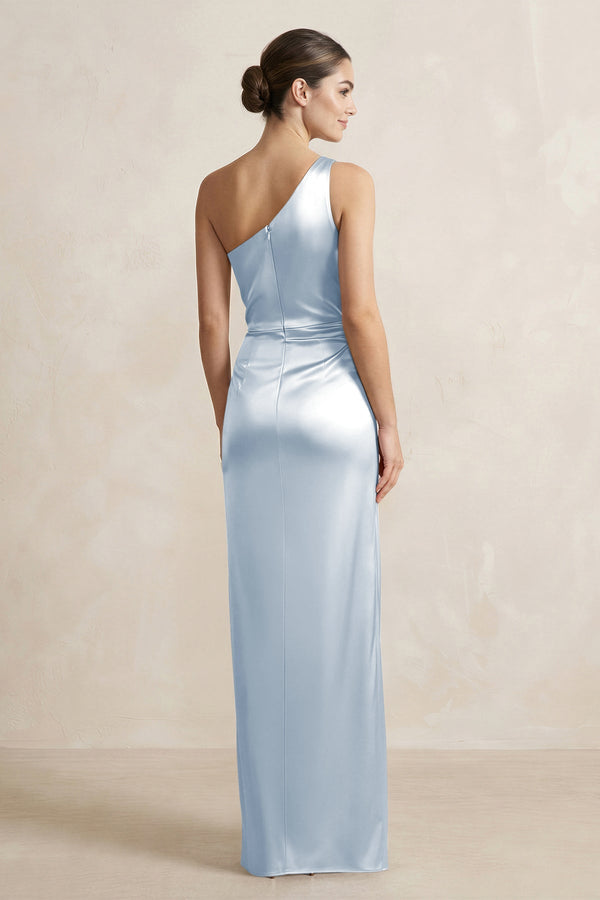 One - Shoulder Ruched Sheath Satin Bridesmaid Dress in Ice - KissProm Bridesmaid Dresses