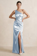One - Shoulder Ruched Sheath Satin Bridesmaid Dress in Ice - KissProm Bridesmaid Dresses