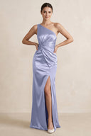 One - Shoulder Ruched Sheath Satin Bridesmaid Dress in Lavender - KissProm Bridesmaid Dresses