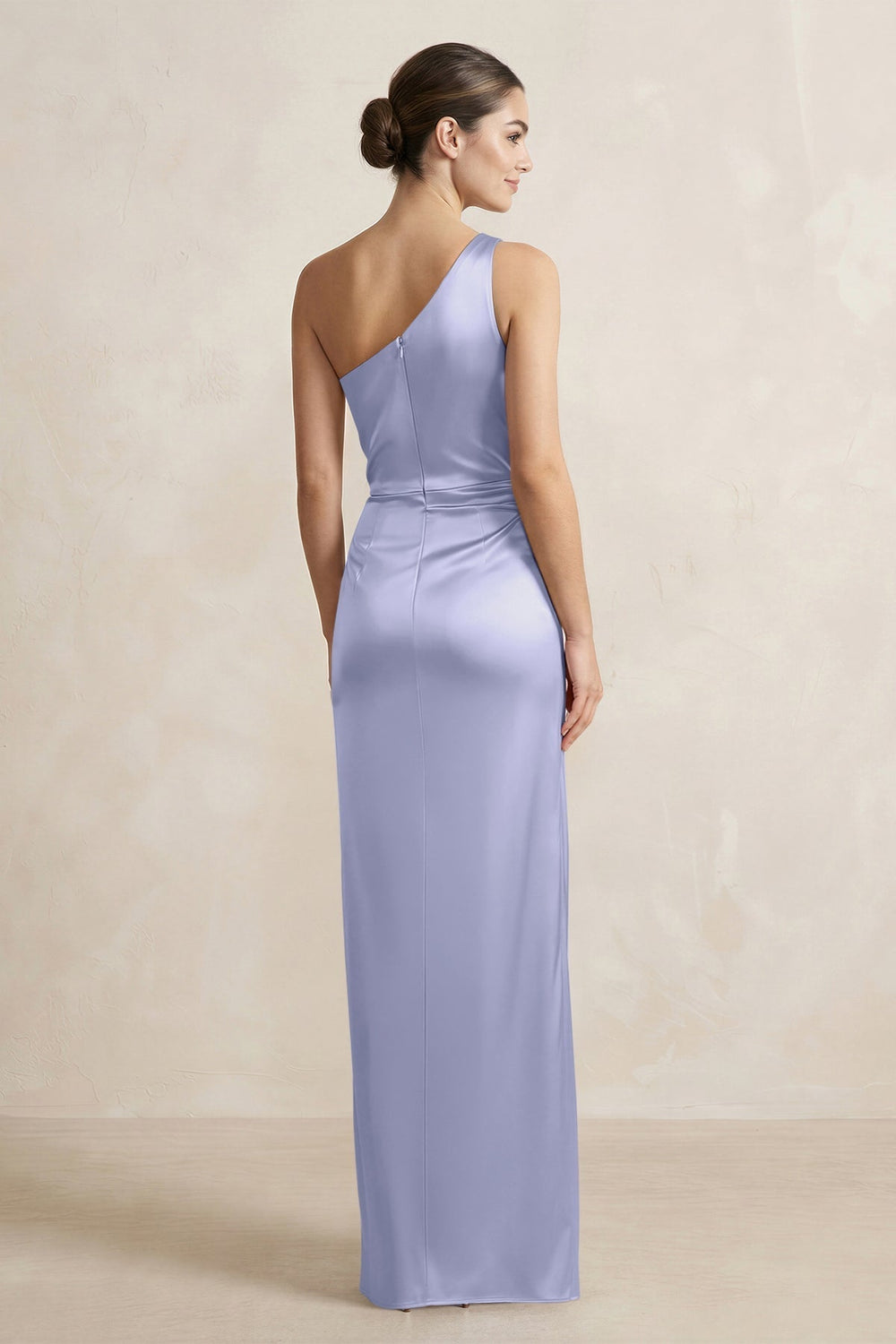 One - Shoulder Ruched Sheath Satin Bridesmaid Dress in Lavender - KissProm Bridesmaid Dresses