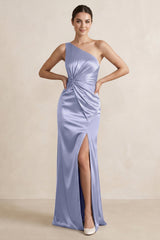 One - Shoulder Ruched Sheath Satin Bridesmaid Dress in Lavender - KissProm Bridesmaid Dresses