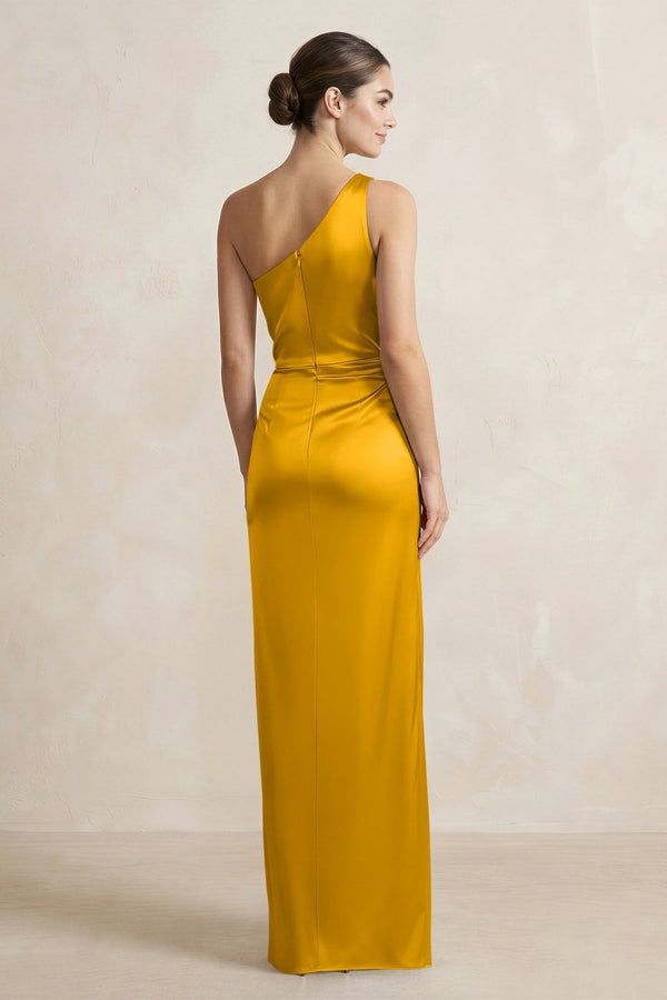 One - Shoulder Ruched Sheath Satin Bridesmaid Dress in Marigold - KissProm Bridesmaid Dresses