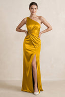 One - Shoulder Ruched Sheath Satin Bridesmaid Dress in Marigold - KissProm Bridesmaid Dresses