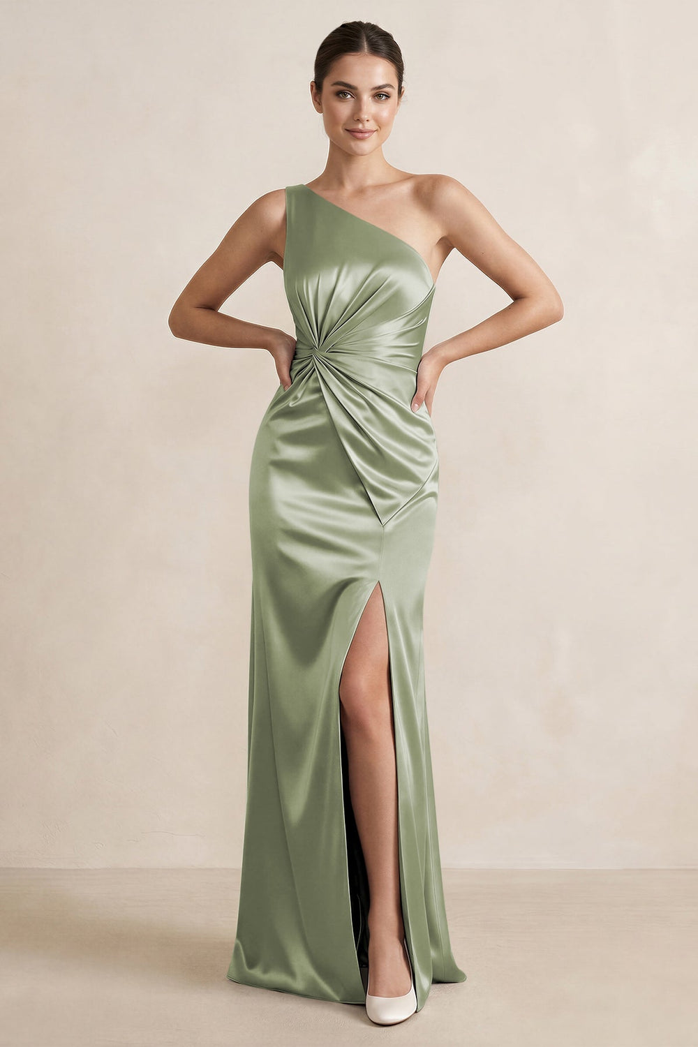 One - Shoulder Ruched Sheath Satin Bridesmaid Dress in Matcha - KissProm Bridesmaid Dresses