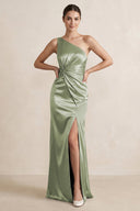 One - Shoulder Ruched Sheath Satin Bridesmaid Dress in Matcha - KissProm Bridesmaid Dresses