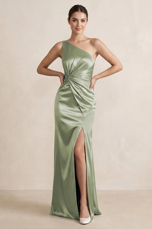 One - Shoulder Ruched Sheath Satin Bridesmaid Dress in Matcha - KissProm Bridesmaid Dresses