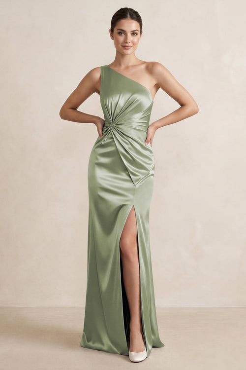 One - Shoulder Ruched Sheath Satin Bridesmaid Dress in Matcha - KissProm Bridesmaid Dresses