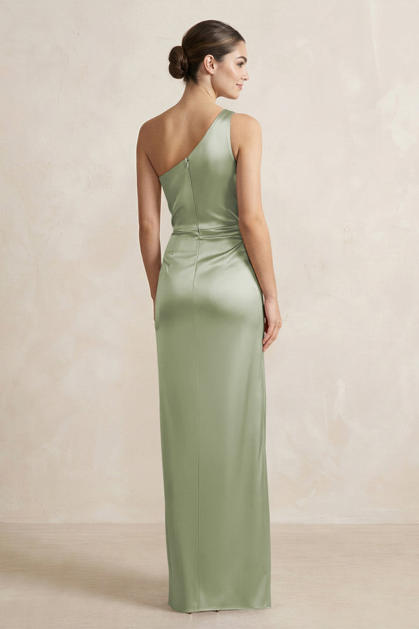 One - Shoulder Ruched Sheath Satin Bridesmaid Dress in Matcha - KissProm Bridesmaid Dresses